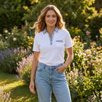 Beaumonde Ladies Short Sleeve Polo With Woven Floral Print Collar (Size S, 8 to 10) - White_8502668_5