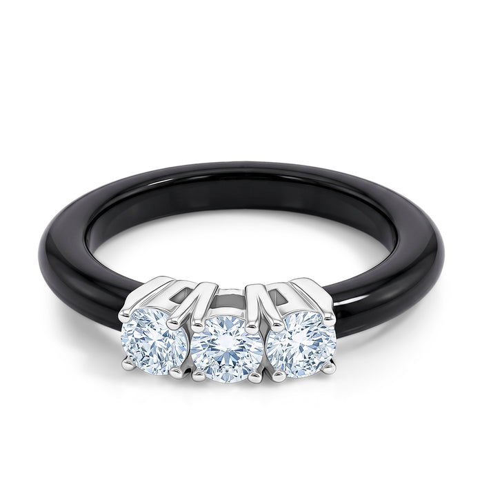 Lab Grown Diamond SI-GH (0.75 Cts) &amp; Black Jade Trilogy Band Ring in Rhodium Overlay Sterling Silver 10.00 Ct. 8503016 1