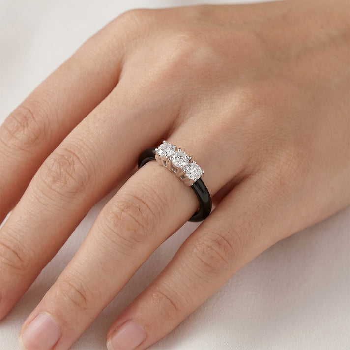 Lab Grown Diamond SI-GH (0.75 Cts) &amp; Black Jade Trilogy Band Ring in Rhodium Overlay Sterling Silver 10.00 Ct. 8503016 2