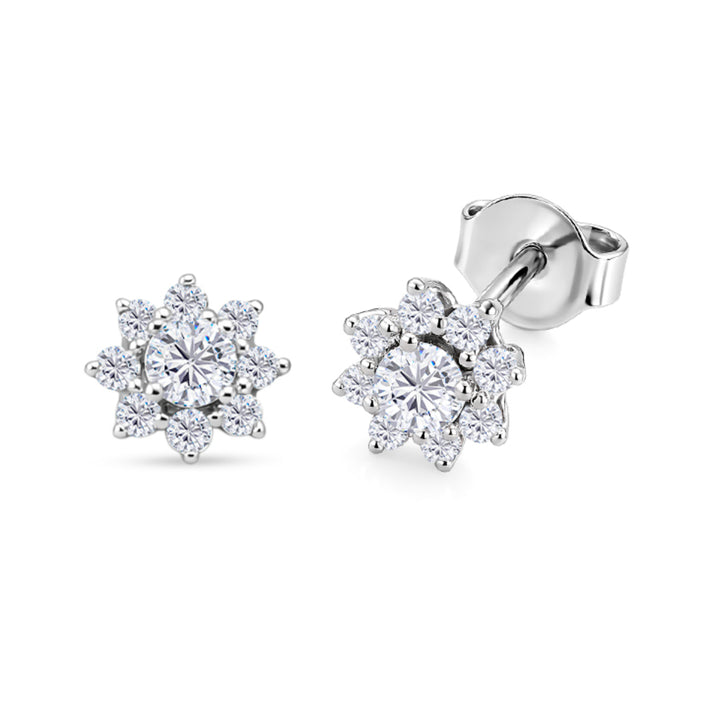 D'Joy - GRA Certified Moissanite D-VVS1 Floral Halo Earring with Push Back in Rhodium Overlay Sterling Silver 8503028 1