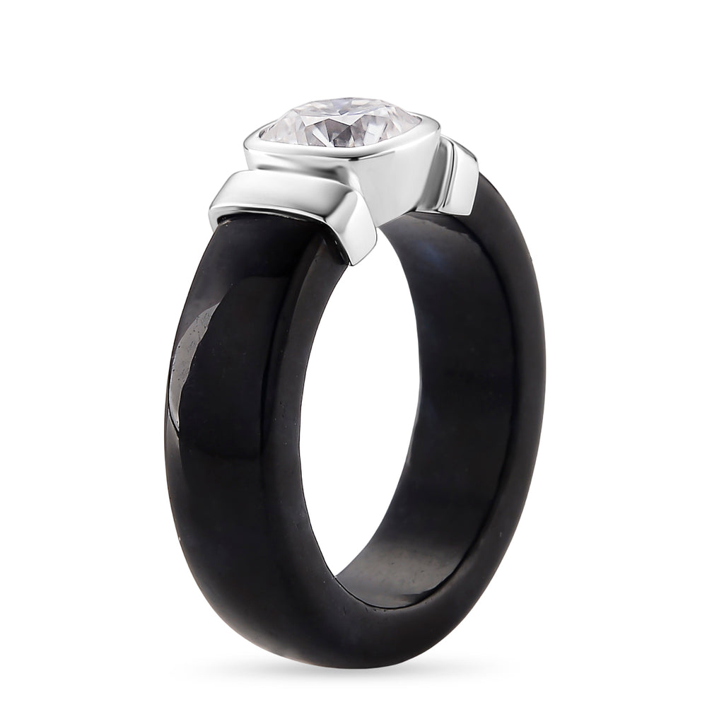D-VVS1 GRA Certified Moissanite (1.70 Cts) &  Black Jade Solitaire Band Ring in Rhodium Overlay Sterling Silver 30.00  Ct._8503074_3