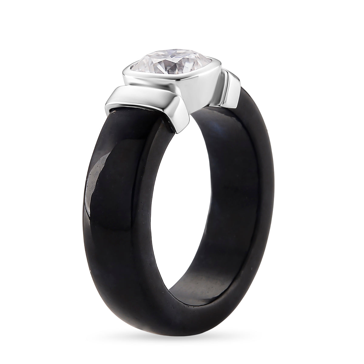 D-VVS1 GRA Certified Moissanite (1.70 Cts) &amp; Black Jade Solitaire Band Ring in Rhodium Overlay Sterling Silver 30.00 Ct. V32514867 4