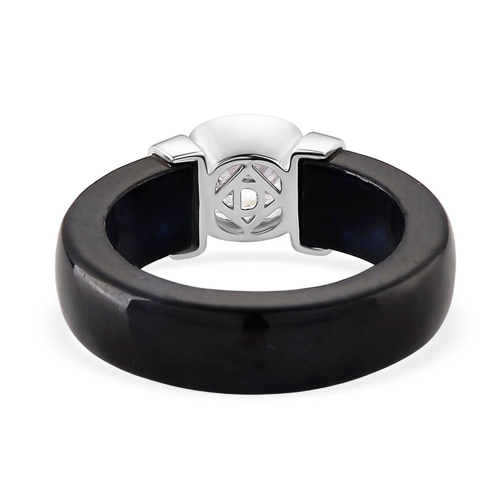 D-VVS1 GRA Certified Moissanite (1.70 Cts) &  Black Jade Solitaire Band Ring in Rhodium Overlay Sterling Silver 30.00  Ct._8503074_4