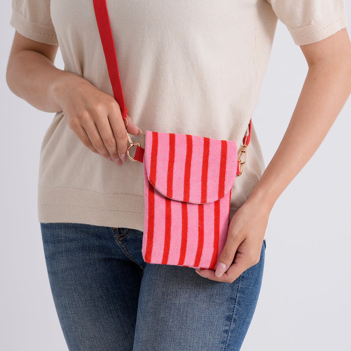 Striped Pattern Phone Sling Bag With Adjustable Shoulder Strap - Pink &amp; Red V32605788 3