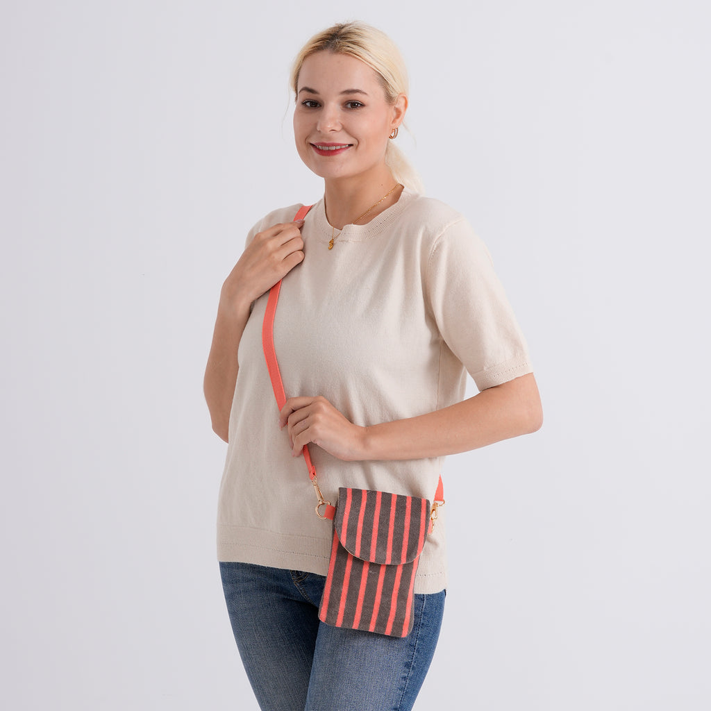 Striped Pattern Phone Sling Bag With Adjustable Shoulder Strap - Brown & Orange_8503231_2