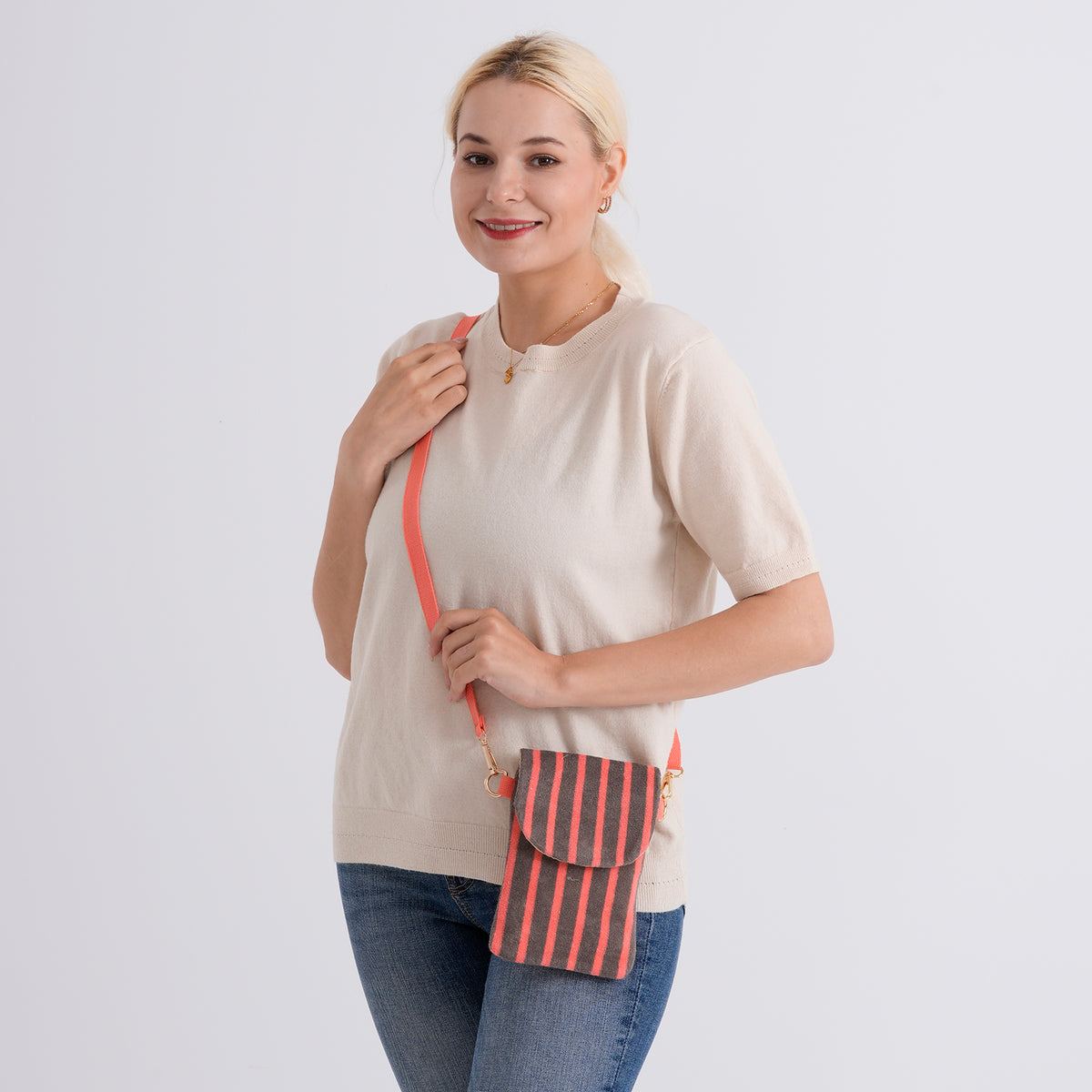 Striped Pattern Phone Sling Bag With Adjustable Shoulder Strap - Brown &amp; Orange V32605796 2