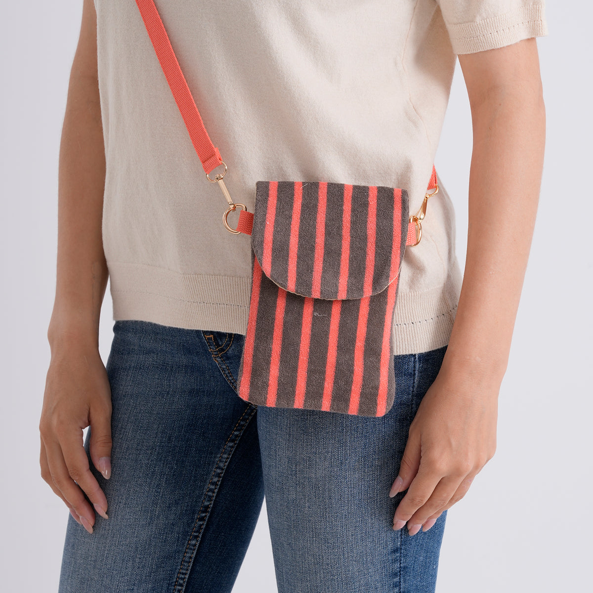 Striped Pattern Phone Sling Bag With Adjustable Shoulder Strap - Brown &amp; Orange V32605796 3
