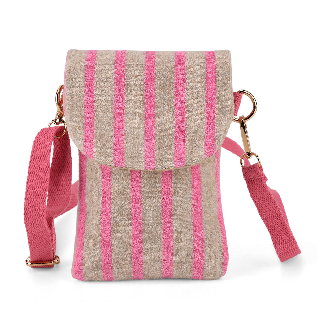 Striped Pattern Phone Sling Bag With Adjustable Shoulder Strap - Light Grey & Pink_8503233