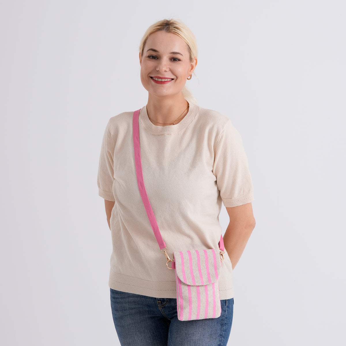 Striped Pattern Phone Sling Bag With Adjustable Shoulder Strap - Light Grey &amp; Pink V32603630 2