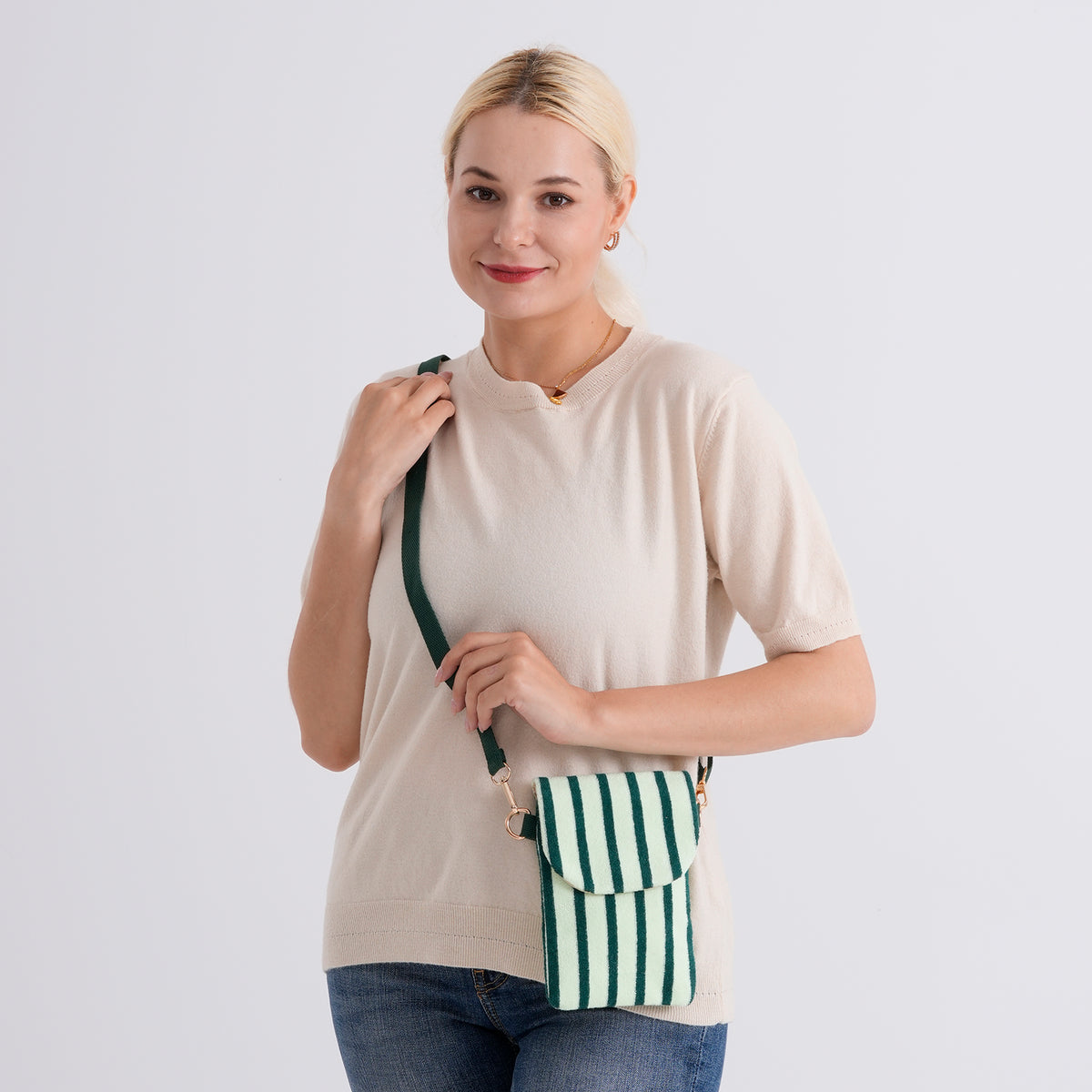 Striped Pattern Phone Sling Bag With Adjustable Shoulder Strap - Light &amp; Dark Green V32604434 2