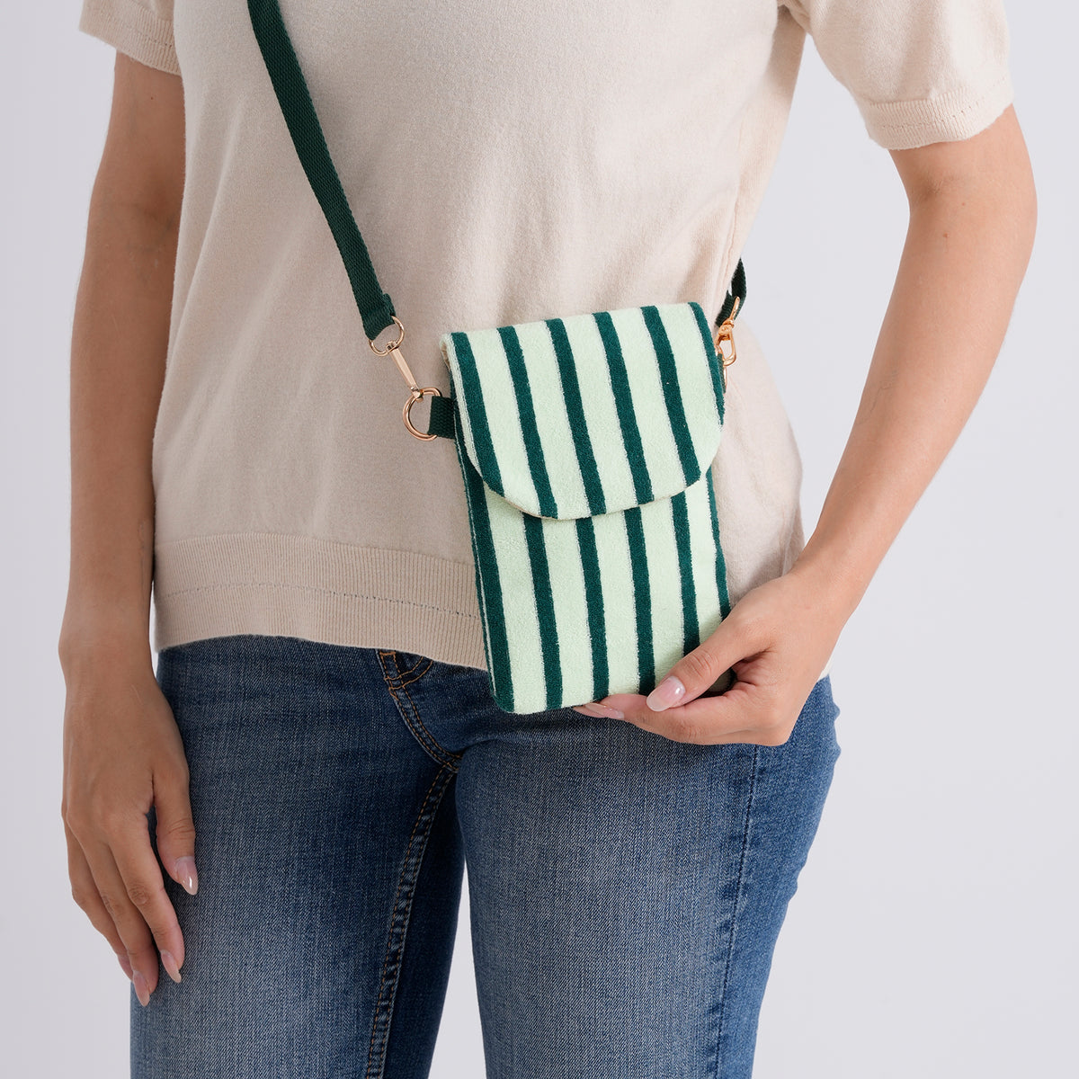 Striped Pattern Phone Sling Bag With Adjustable Shoulder Strap - Light &amp; Dark Green V32604434 3