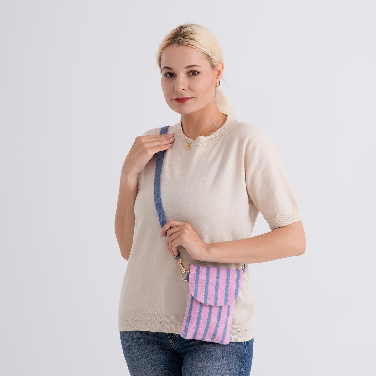 Striped Pattern Phone Sling Bag With Adjustable Shoulder Strap - Purple &amp; Blue V32606070 2
