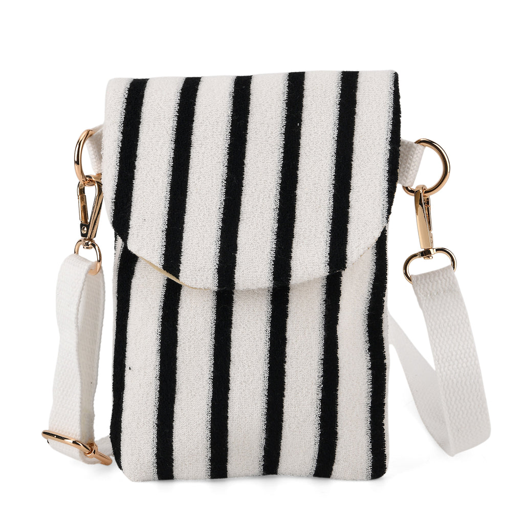 Striped Pattern Phone Sling Bag With Adjustable Shoulder Strap - White & Black_8503237