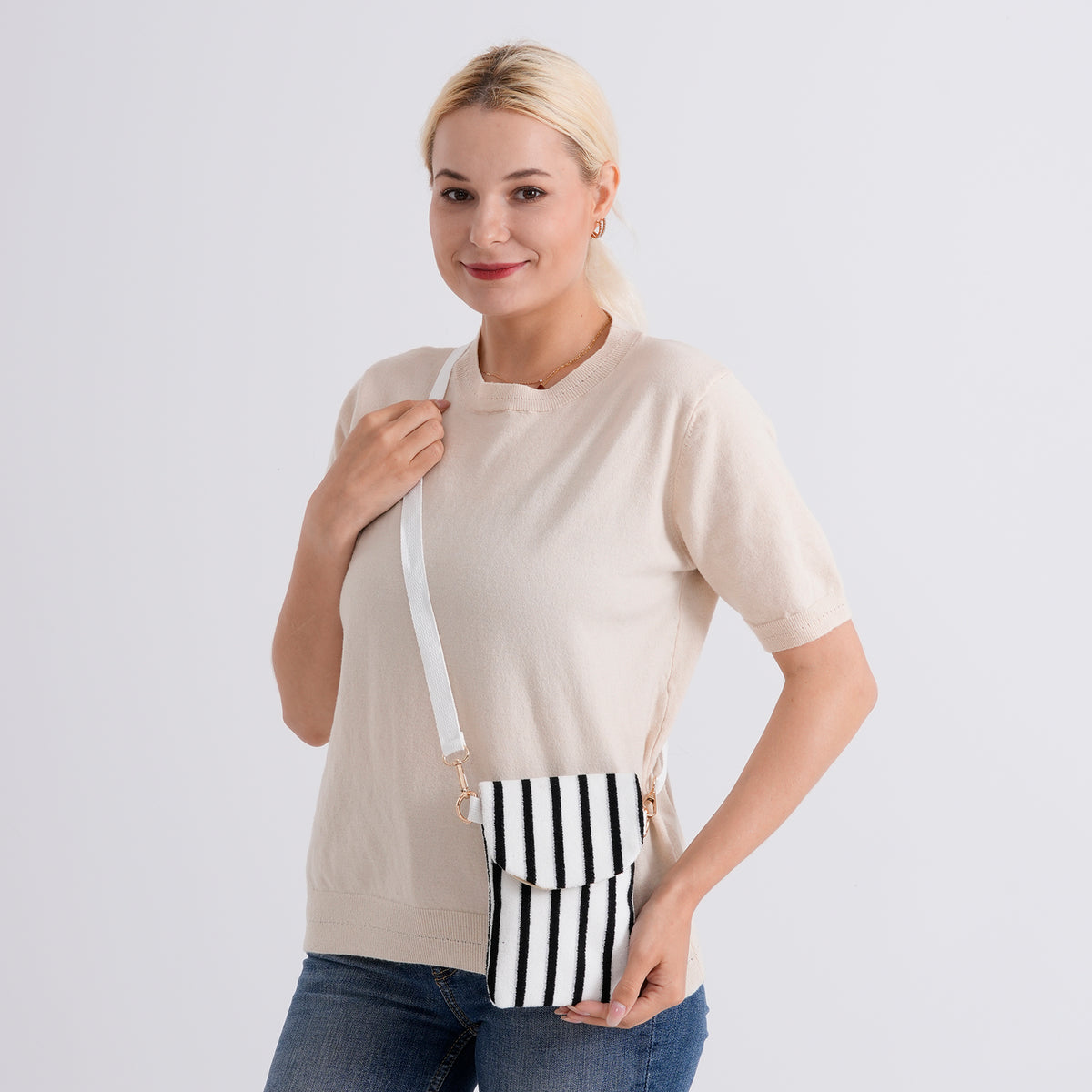 Striped Pattern Phone Sling Bag With Adjustable Shoulder Strap - White &amp; Black V32604206 2