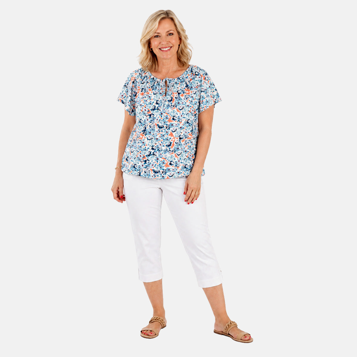 Pure &amp; Natural Womens Raglan Short Sleeve Gypsy Top With Elasticated Hem &amp; Mock Tie (Size L, 16 to 18) - Blue 8503359 0