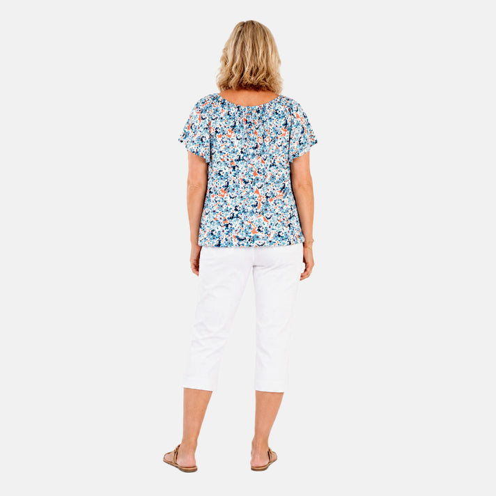 Pure &amp; Natural Womens Raglan Short Sleeve Gypsy Top With Elasticated Hem &amp; Mock Tie (Size L, 16 to 18) - Blue 8503359 2