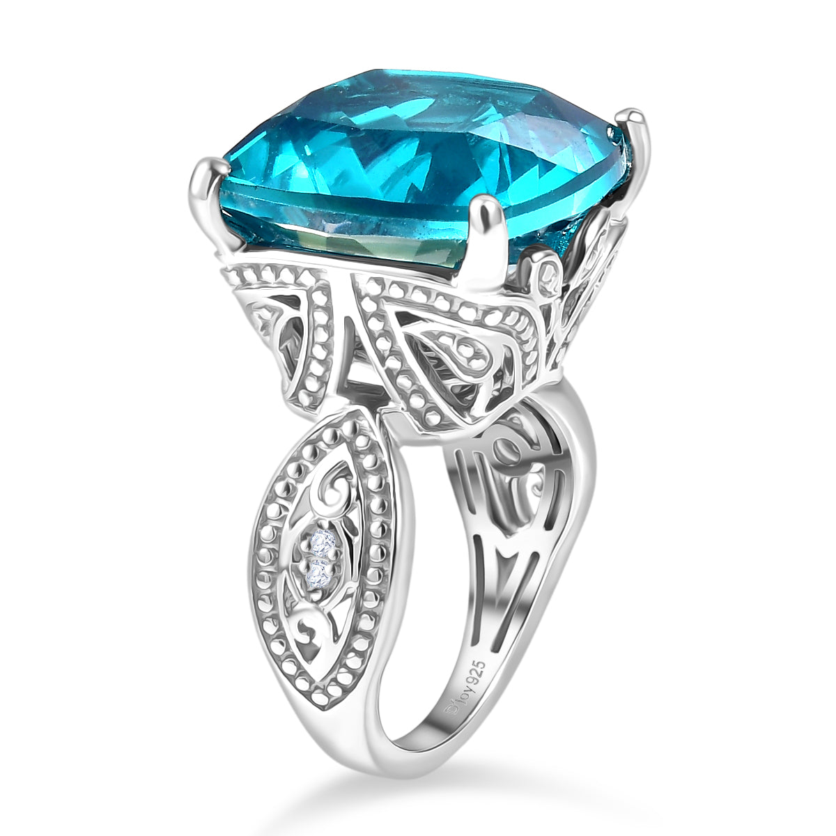 D'Joy Capri Blue Triplet Quartz &amp; White Zircon Ring in Rhodium Overlay Sterling Silver 16.46 Ct. V32524270 4