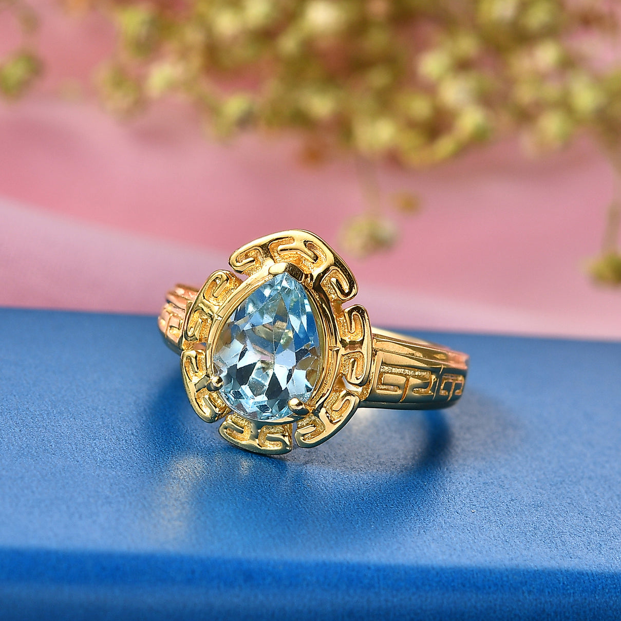 EverTrue - Skyblue Topaz Pear Cut Solitaire Ring in Yellow Gold Tone 2.73 Ct. V32489763 3