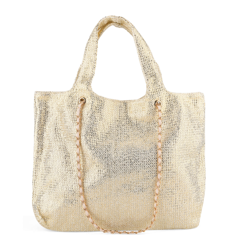 Elegant Shimmering Tote Bag with Chain Strap - Cream_8504094