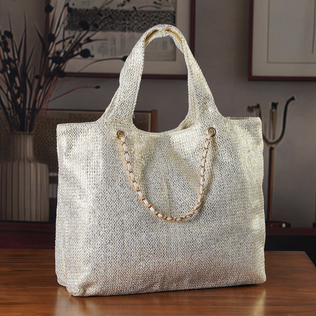 Elegant Shimmering Tote Bag with Chain Strap - Cream_8504094_1