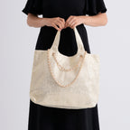 Elegant Shimmering Tote Bag with Chain Strap - Cream_8504094_3