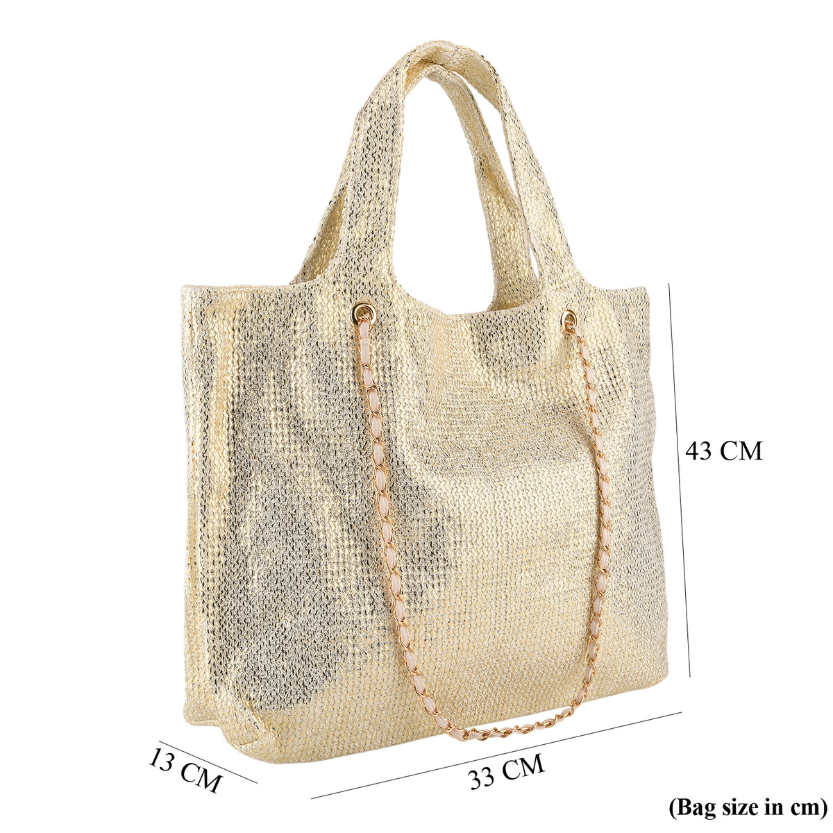 Elegant Shimmering Tote Bag with Chain Strap - Cream V32589640 7