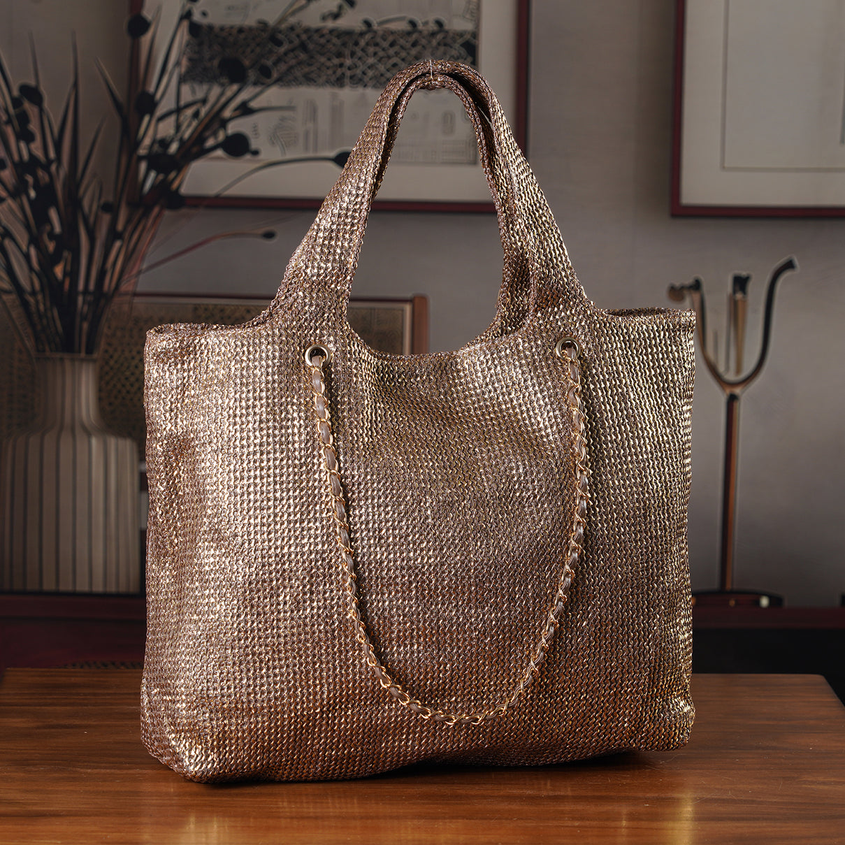 Elegant Shimmering Tote Bag with Chain Strap 8504095 1