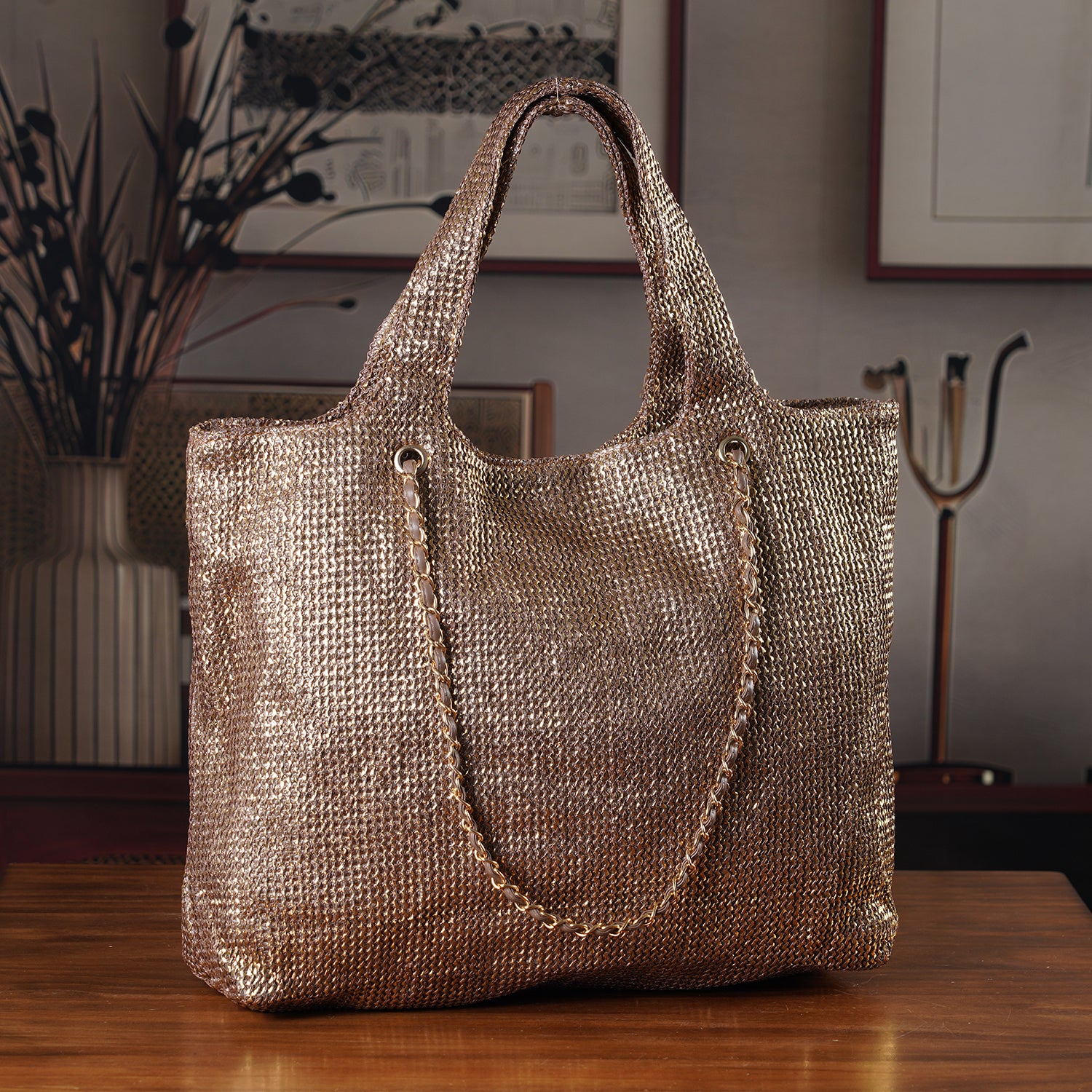 Elegant Shimmering Tote Bag with Chain Strap 8504095 1