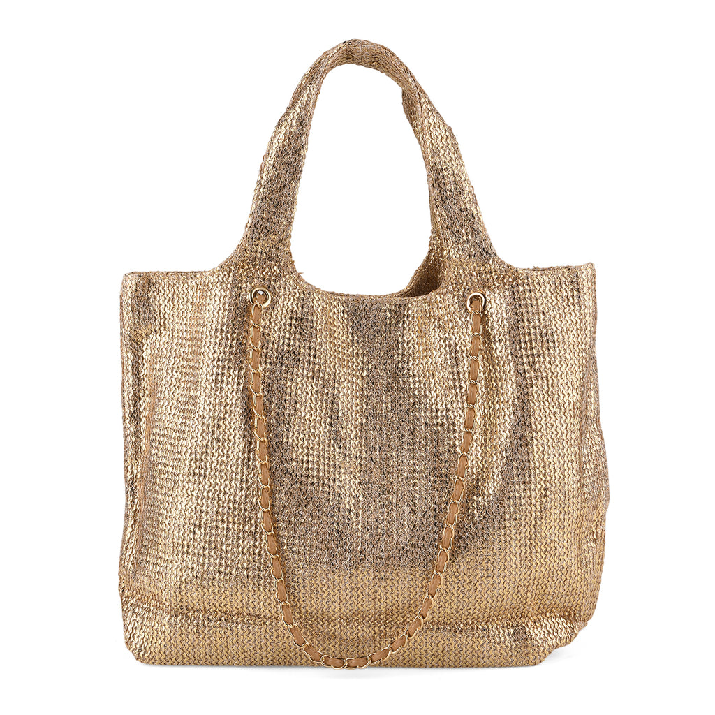 Elegant Shimmering Tote Bag with Chain Strap - Rose  Gold_8504096