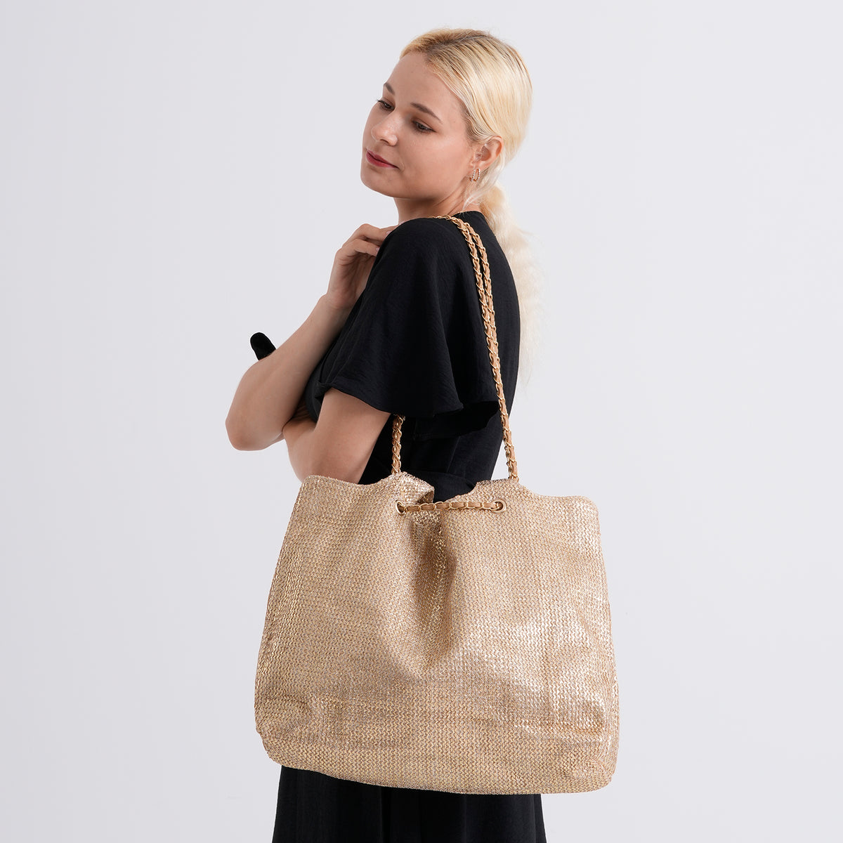 Elegant Shimmering Tote Bag with Chain Strap - Rose  Gold V32596547 3