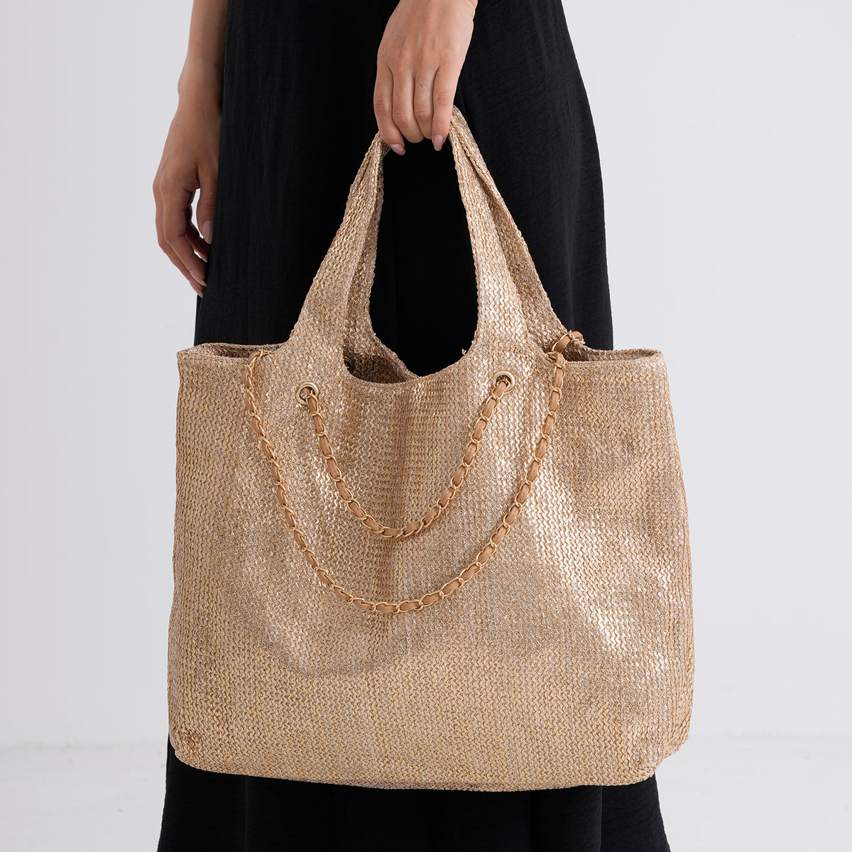 Elegant Shimmering Tote Bag with Chain Strap - Rose  Gold V32596547 4