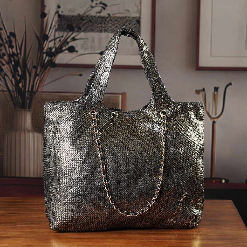 Elegant Shimmering Tote Bag with Chain Strap - Black_8504097_1