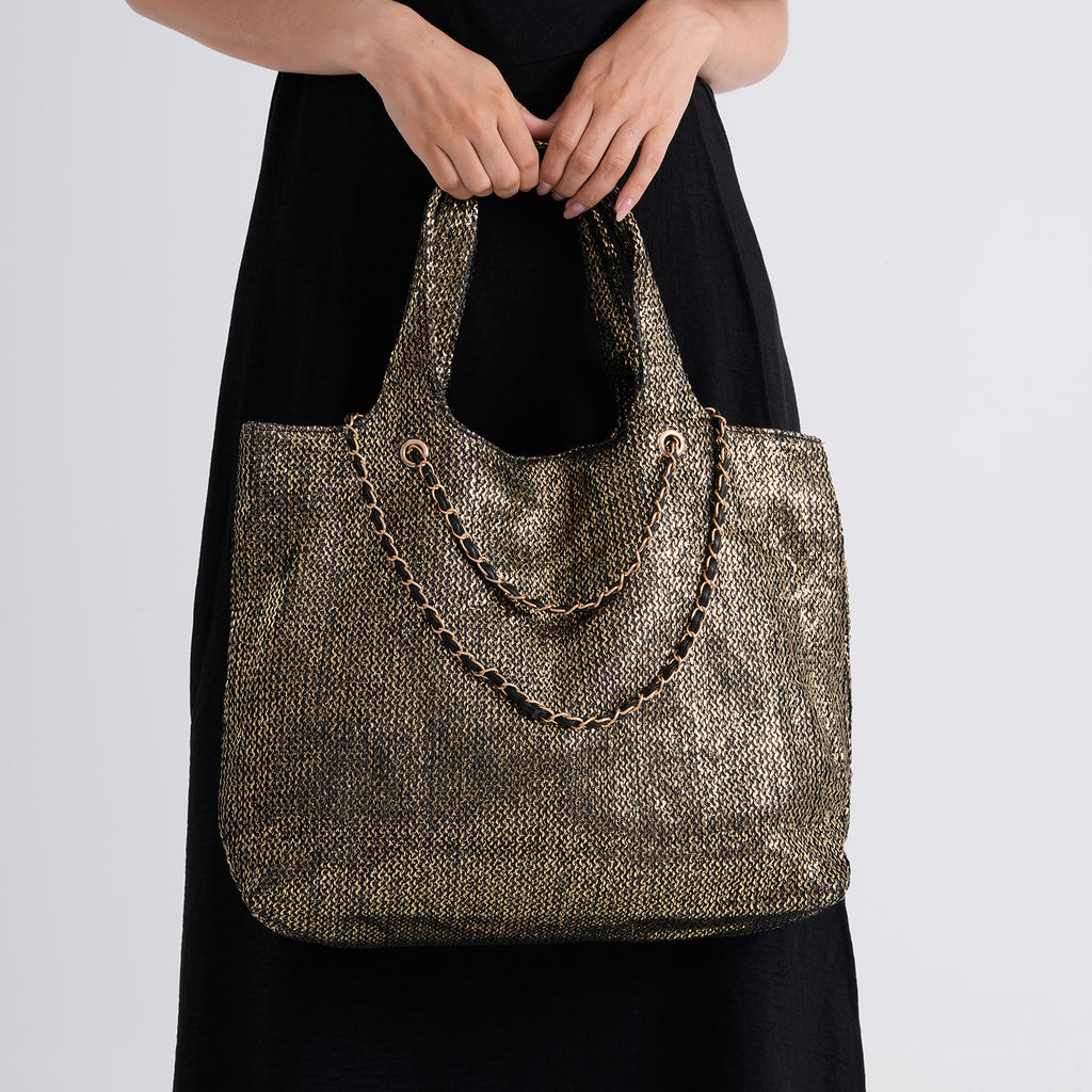 Elegant Shimmering Tote Bag with Chain Strap - Black_8504097_3