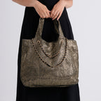 Elegant Shimmering Tote Bag with Chain Strap - Black_8504097_3