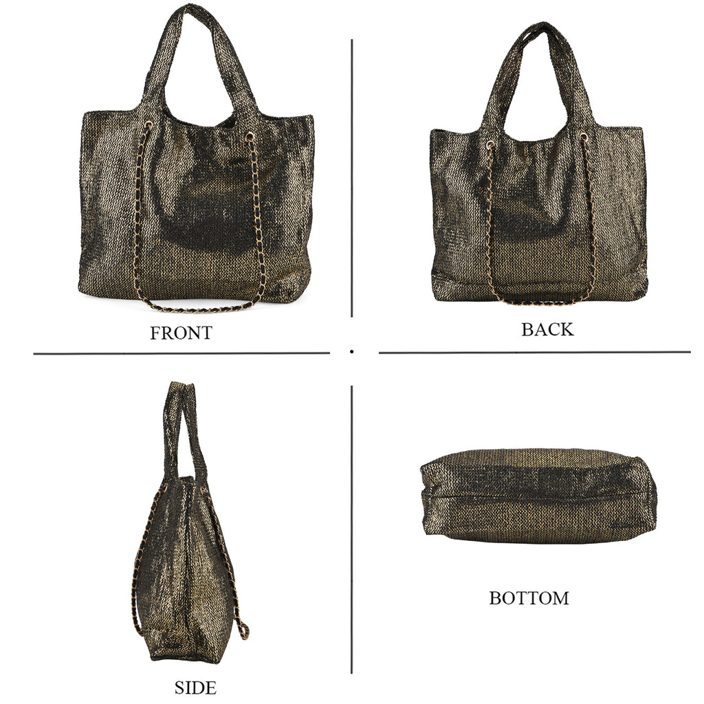 Elegant Shimmering Tote Bag with Chain Strap - Black_8504097_4