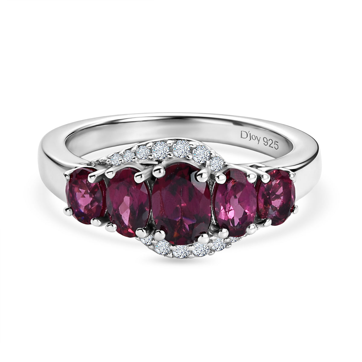 D'Joy Rhodolite Garnet &amp; White Zircon 5 Stone Ring in Platinum Overlay Sterling Silver 1.80 Ct. 8504256 0
