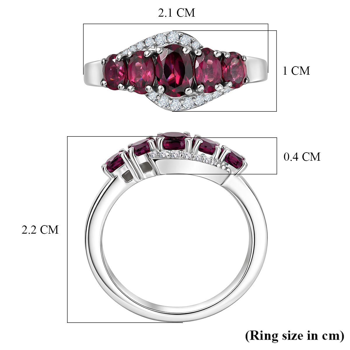 D'Joy Rhodolite Garnet &amp; White Zircon 5 Stone Ring in Platinum Overlay Sterling Silver 1.80 Ct. 8504256 6