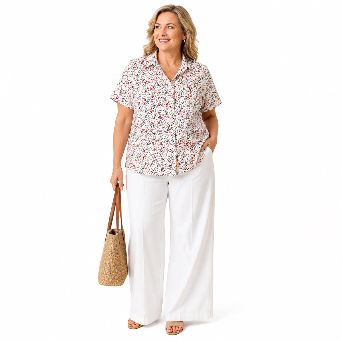 Emma Ladies Short Sleeve Button-Thru Shirt (Size 12) - White &amp; Red V32528890 0