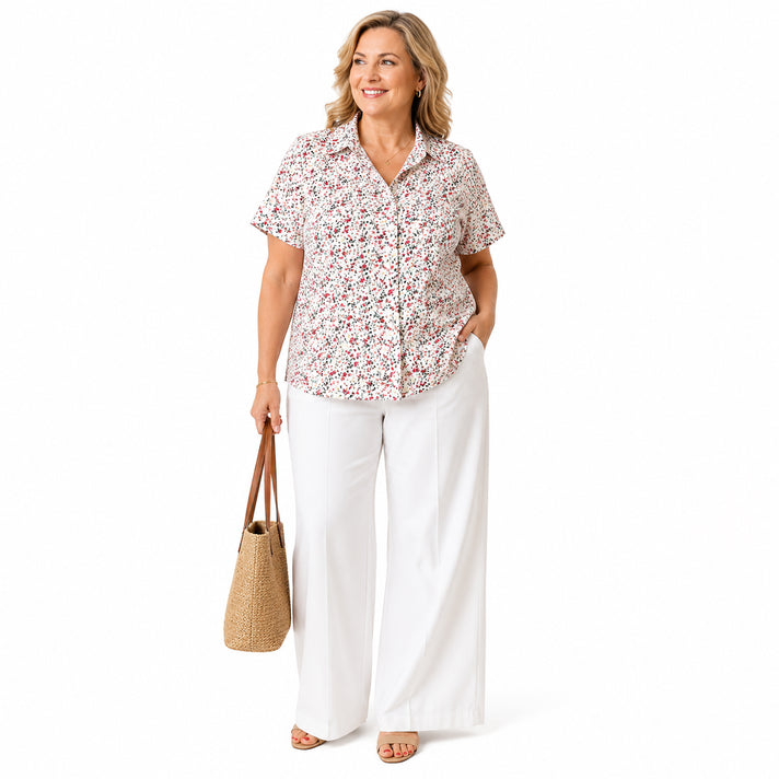 Emma Ladies Short Sleeve Button-Thru Shirt (Size 12) - White &amp; Red 8504301 1