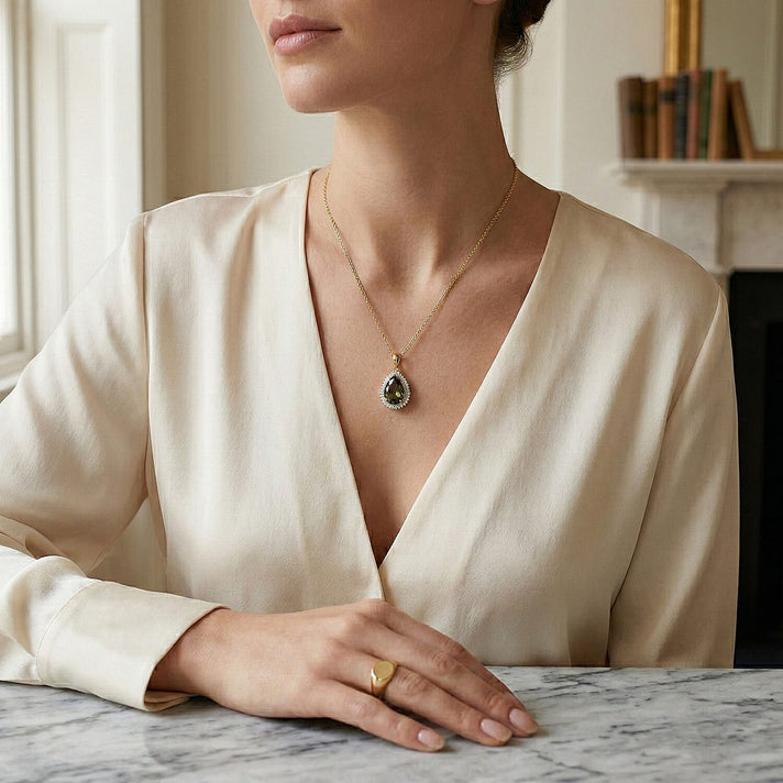 Heirloom Collection - Rhapsody 18K Yellow Gold AAAA Natural Turkizite &amp; VS-E-F Earth Mined Natural White Diamond Pear Cut Halo Pendant 10.46 Ct 8504595 2