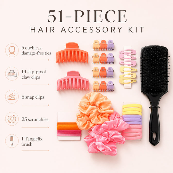 Livmore 51-Piece Women's Hair Accessories Gift Set with Hairbrush &amp; Claw Clips - Pink, Orange &amp; Purple 8504739 2