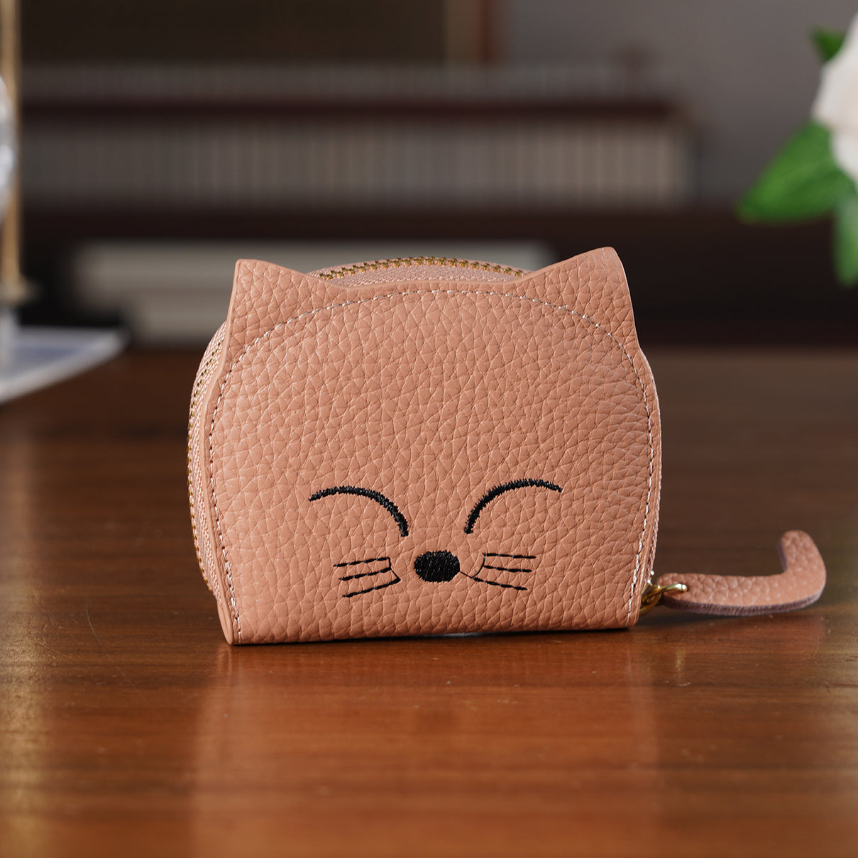 Genuine Leather RFID Blocking Novelty Cat Wallet - Dusty Rose V32526998 2