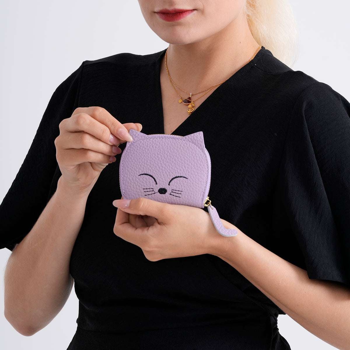 Genuine Leather RFID Blocking Novelty Cat Wallet - Purple V32519982 4
