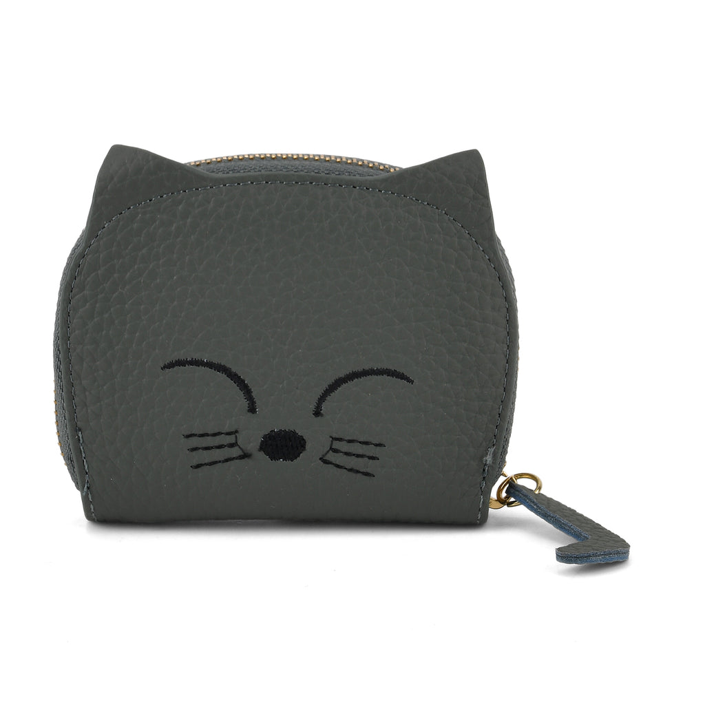 Genuine Leather RFID Blocking Novelty Cat Wallet - Muted Green Grey_8504778