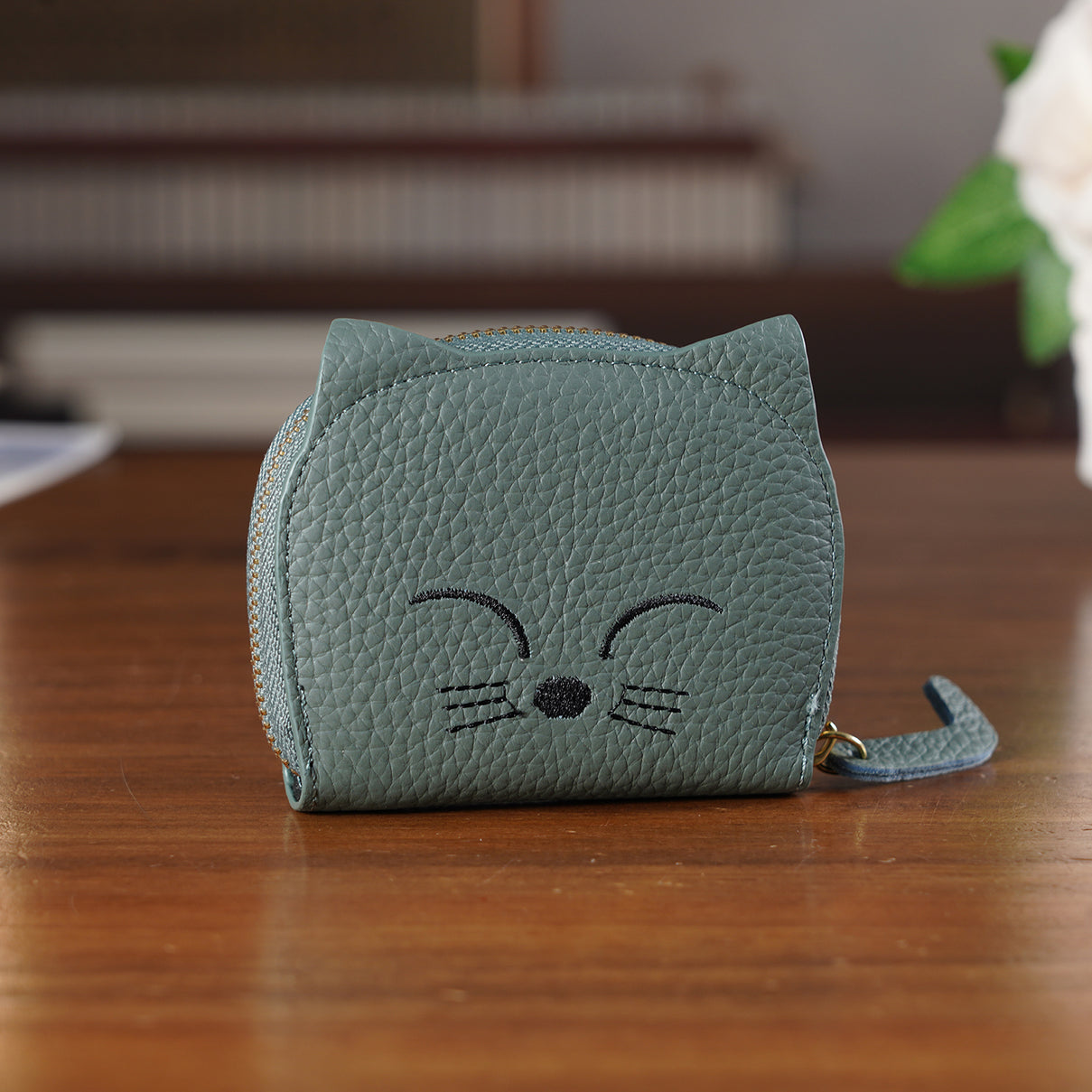 Genuine Leather RFID Blocking Novelty Cat Wallet - Muted Green Grey V32514999 2