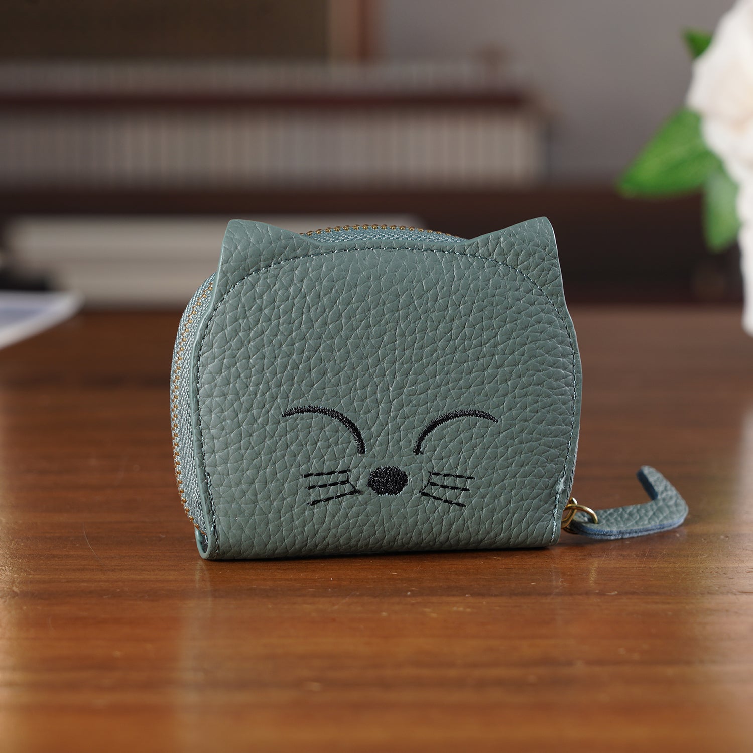Genuine Leather RFID Blocking Novelty Cat Wallet - Muted Green Grey V32514999 2
