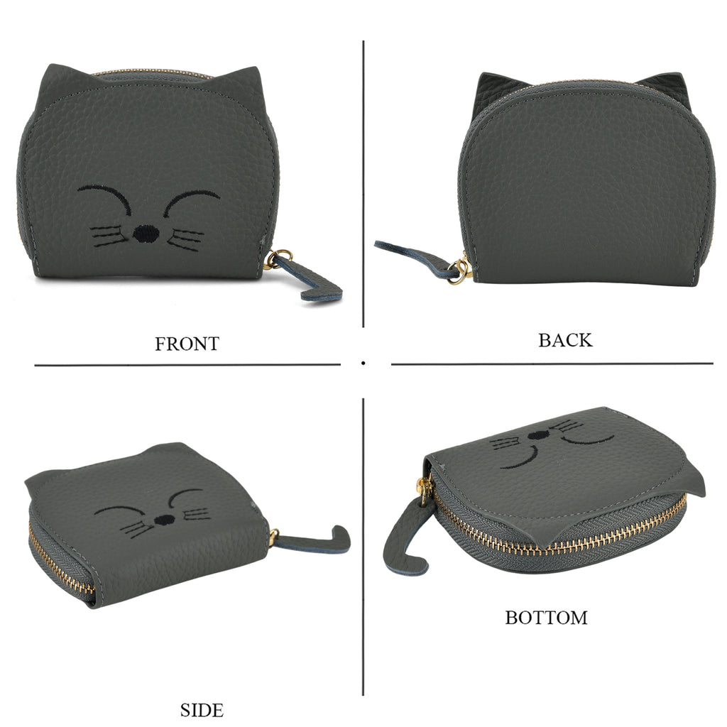 Genuine Leather RFID Blocking Novelty Cat Wallet - Muted Green Grey_8504778_4