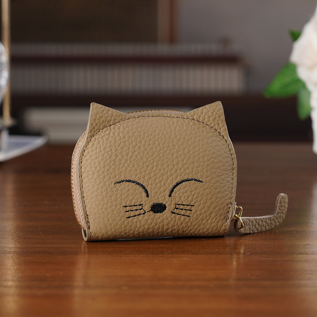 Genuine Leather RFID Blocking Novelty Cat Wallet - Khaki_8504779_1