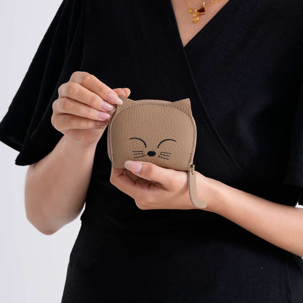Genuine Leather RFID Blocking Novelty Cat Wallet - Khaki_8504779_3