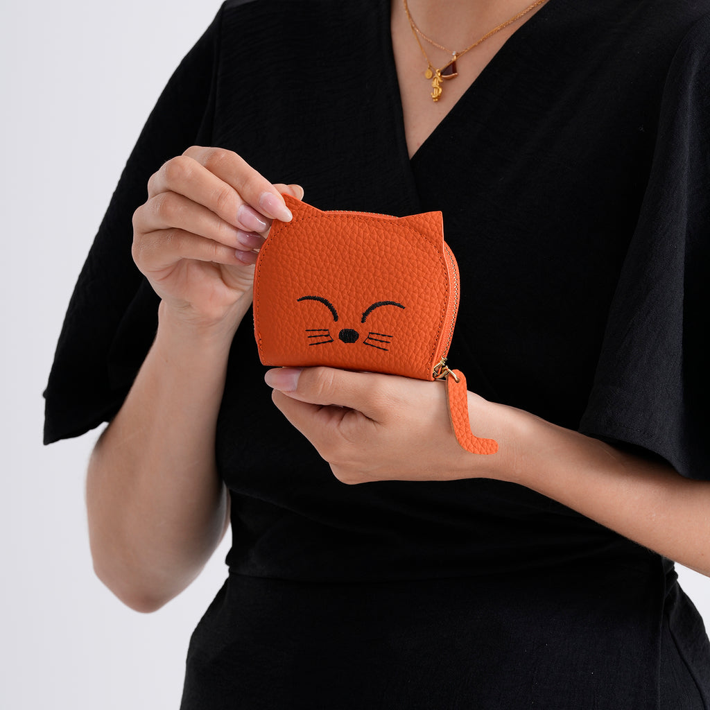 Genuine Leather RFID Blocking Novelty Cat Wallet - Orange_8504780_3